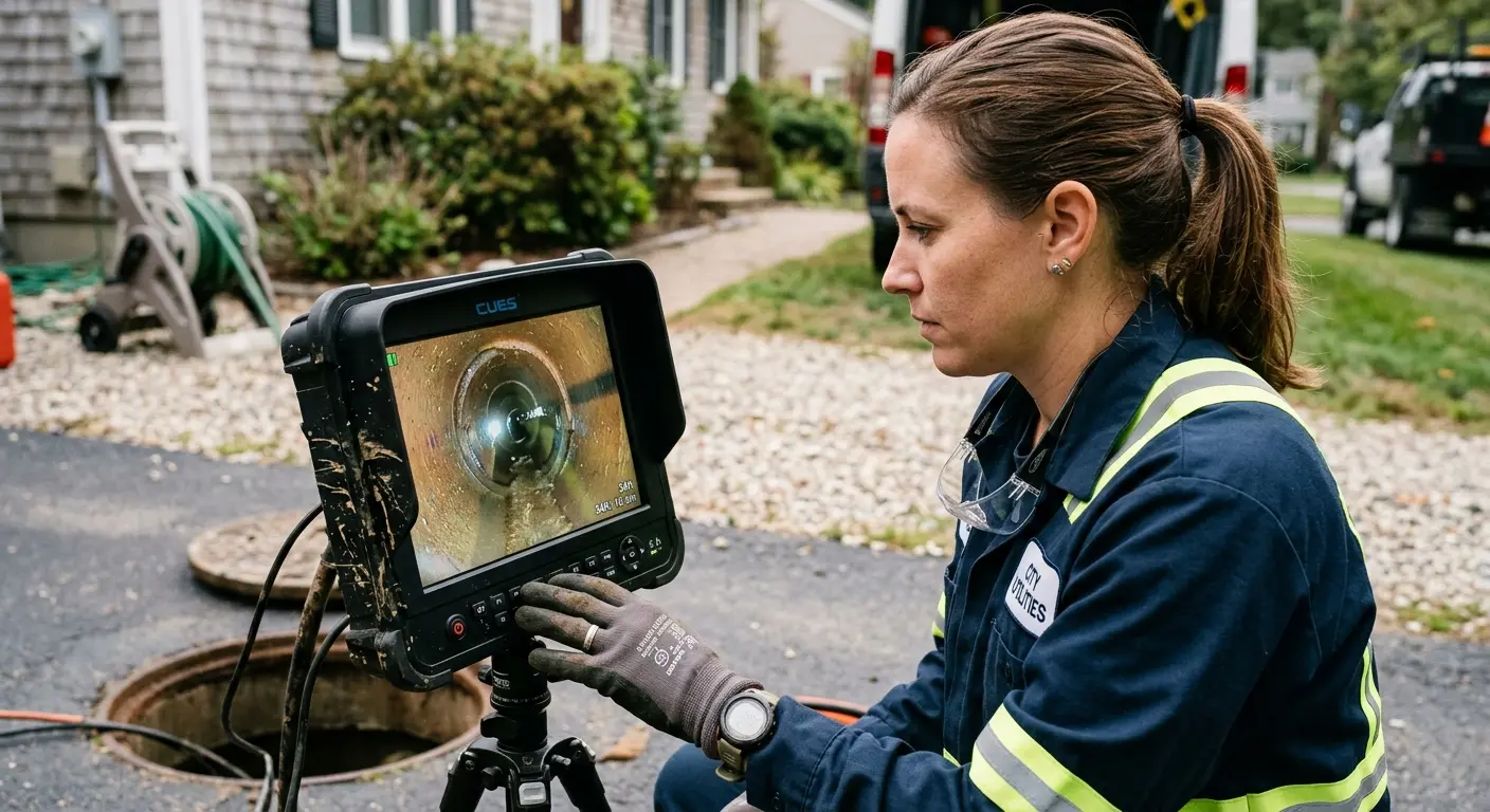 Technician reviewing sewer camera inspection footage in Buford
