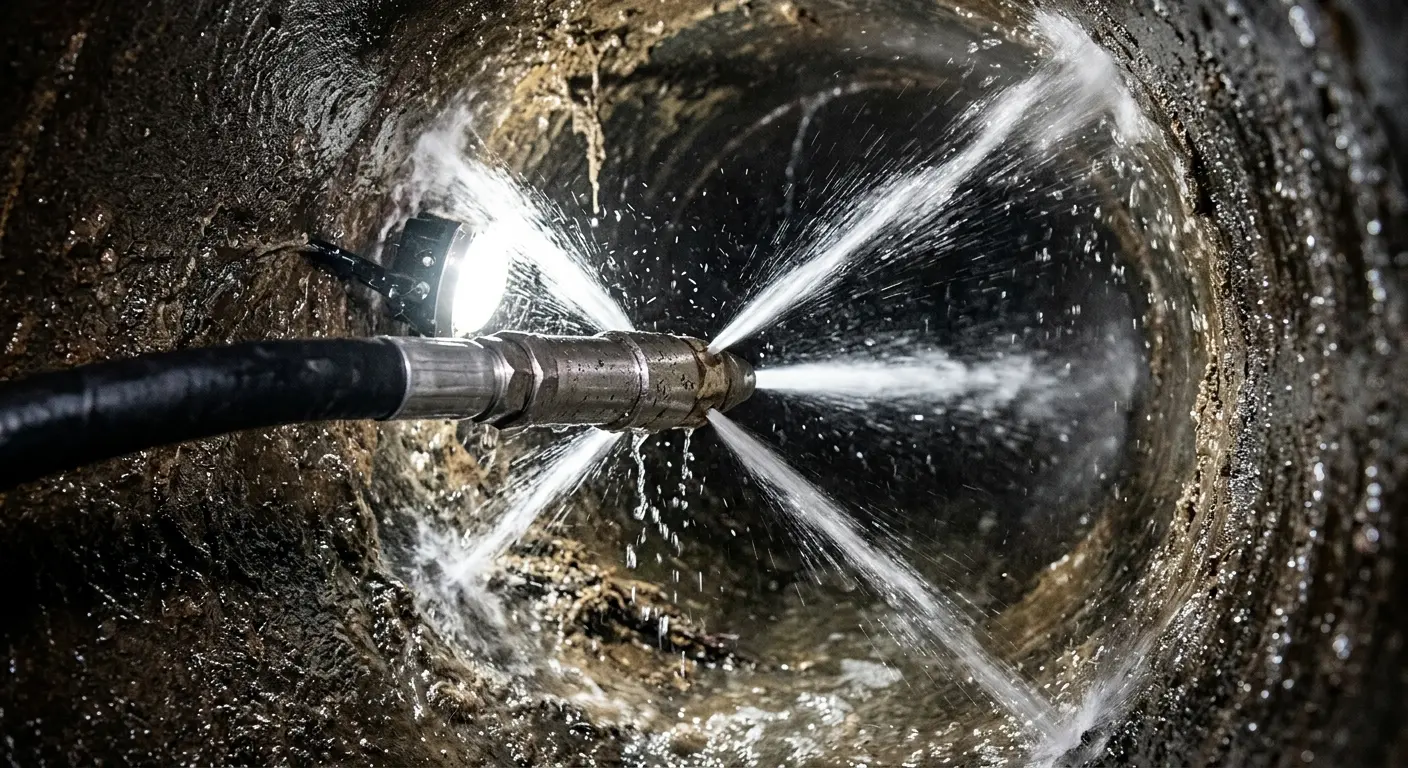 High-pressure hydro jetting nozzle cleaning sewer pipe for Emergency Drain Service in Buford