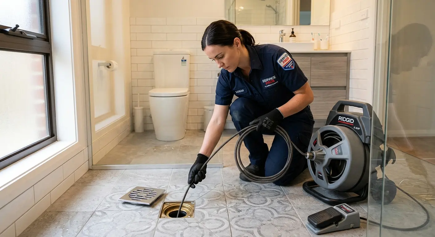 Technician clearing a bathroom floor drain for Clogged Drain Repair in Buford